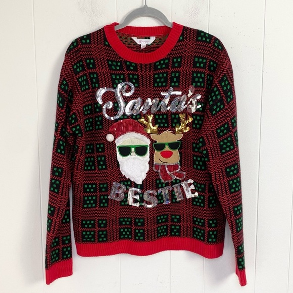 UGLY CHRISTMAS SWEATER No Boundaries Santa's Bestie Women's Size L (11-13) - Picture 1 of 10